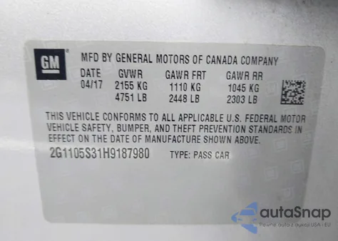 2017 Chevrolet Impala 1Lt z USA, uszkodzony, nr VIN 2G1105S31H9187980
